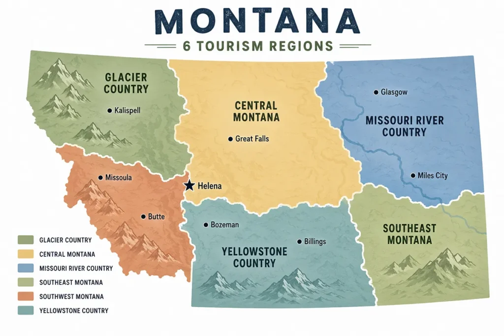 Map of Montana showing the six official tourism regions in different colors with major cities labeled