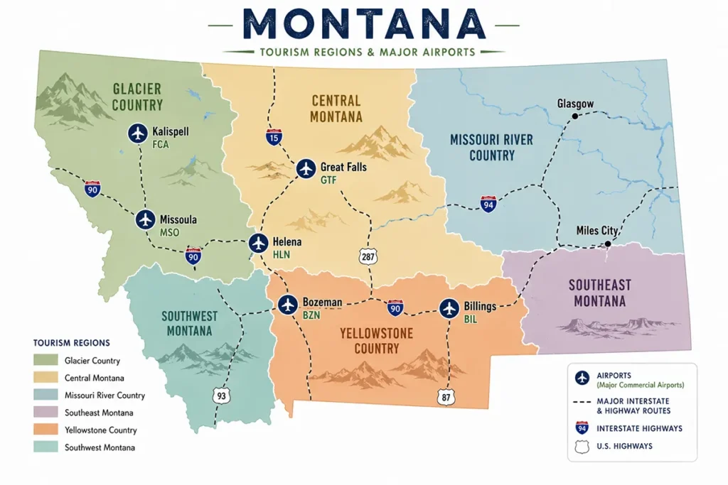 Map of Montana with major airports and drive routes between the six tourism regions marked