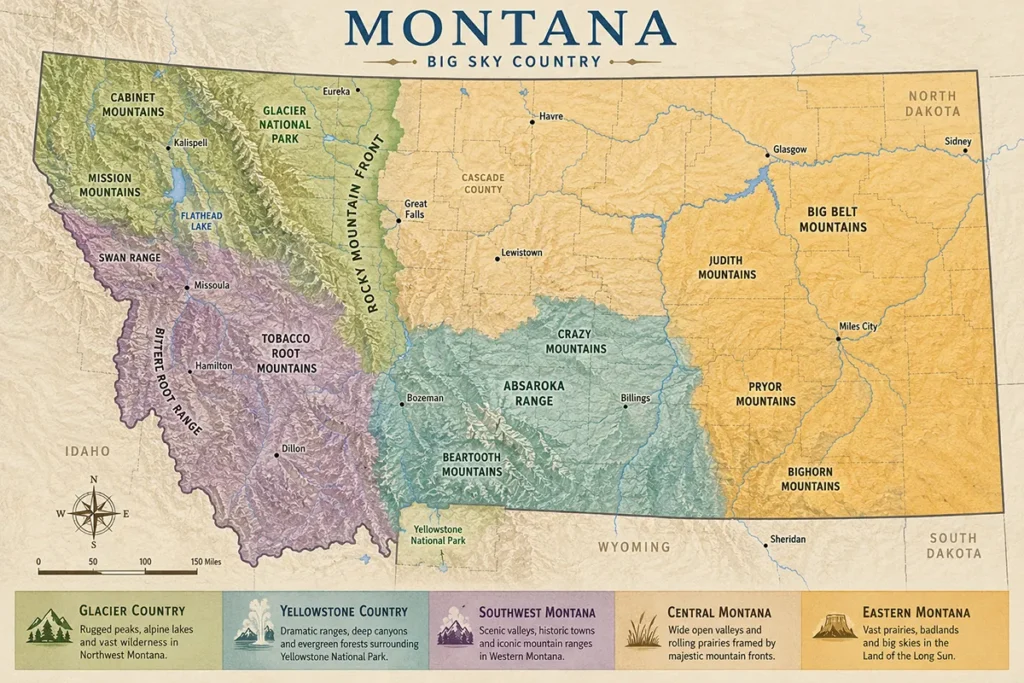 Why Montana Has So Many Mountain Ranges" section Alt text: "Map of Montana showing major mountain ranges color-coded by region