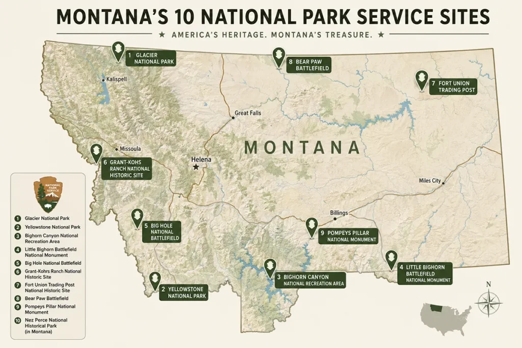 Map of Montana showing the locations of all 10 National Park Service sites, including Glacier and Yellowstone National Parks