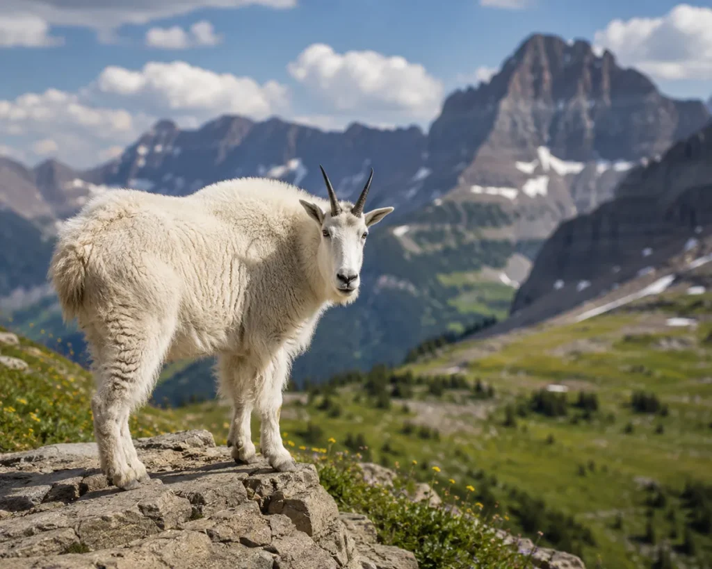 Mountain goat standing on a rocky ledge at Logan Pass in Glacier National Park, Montana, with alpine meadows in the background