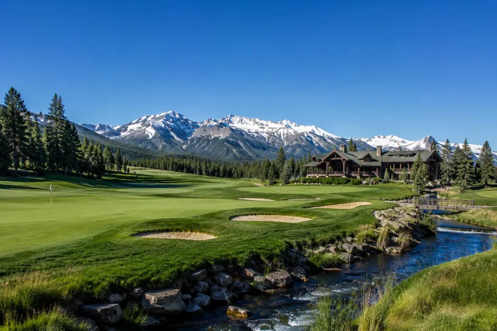 View of the Tom Weiskopf-designed Yellowstone Club golf course in summer with green fairways, mountain views, and the Warren Miller Lodge visible in the background