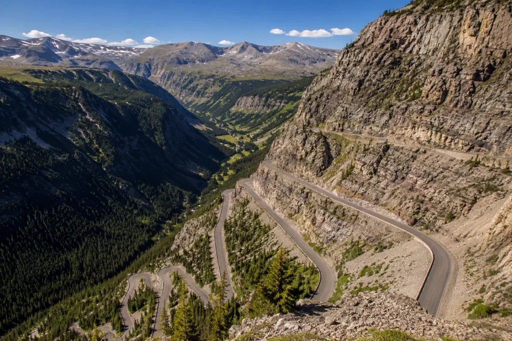 Switchbacks of the Beartooth Highway climbing the canyon wall above Red Lodge, Montana