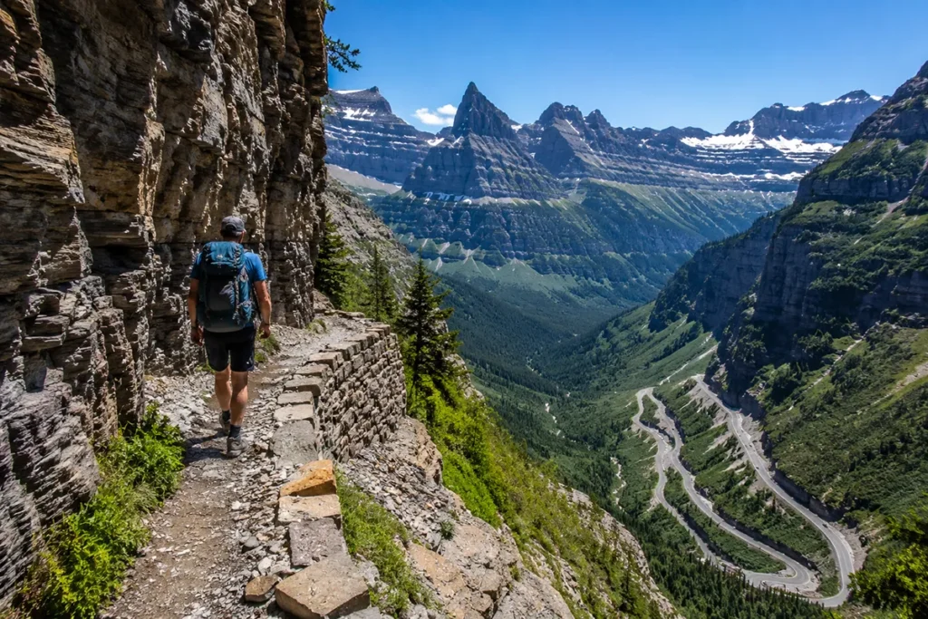 Hiker on the Highline Trail with cliff exposure and Going-to-the-Sun Road visible far below