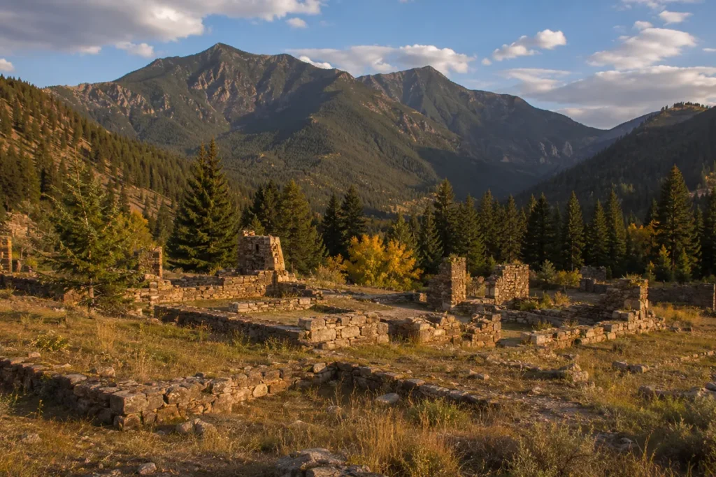Stone ruins of Kendall ghost town in the North Moccasin Mountains of central Montana