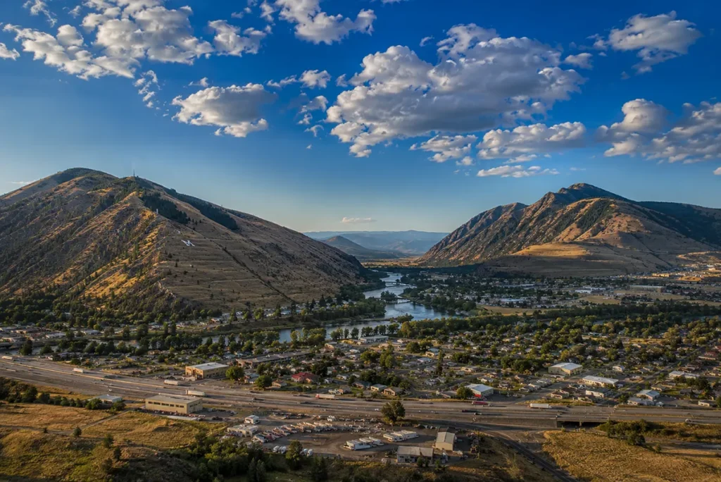 East Missoula Montana Hellgate Canyon entrance Mount Sentinel Mount Jumbo Clark Fork