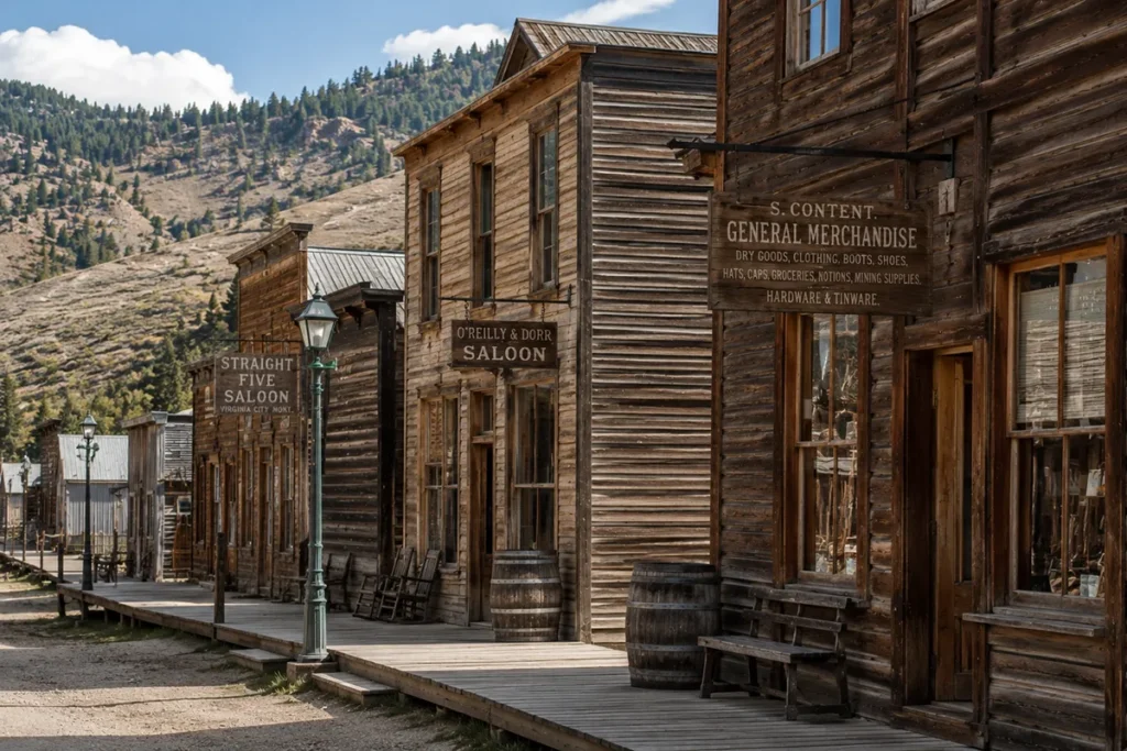 Original 1860s wooden buildings on Wallace Street in Virginia City Montana with vintage hanging signs
