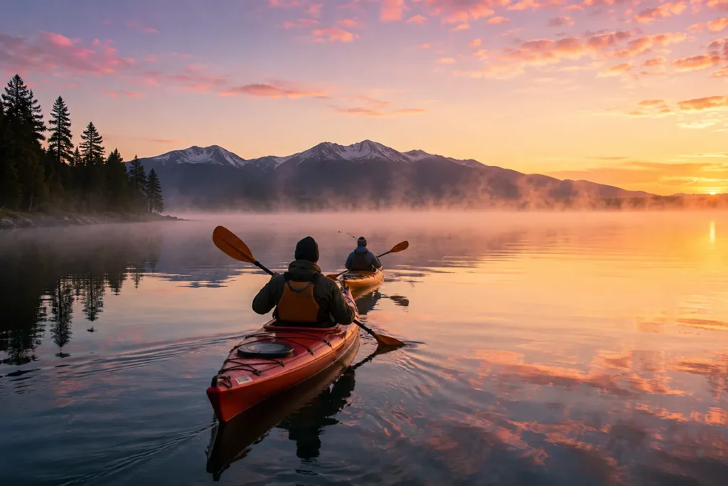 Two kayakers paddling on a mirror-calm Flathead Lake at dawn with mountains in the distance