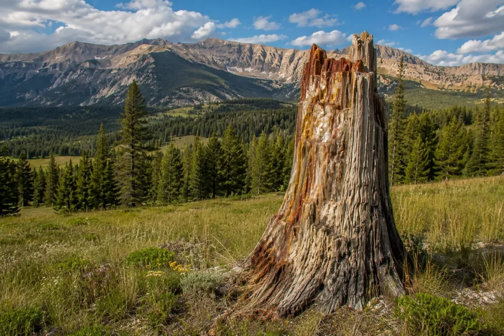 Petrified tree stump still standing upright in the Gallatin Petrified Forest