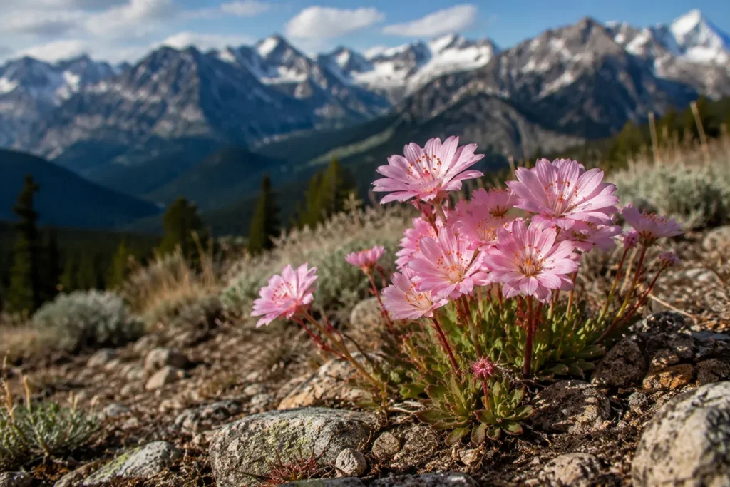 Pink bitterroot flowers blooming with Bitterroot Mountains in the background