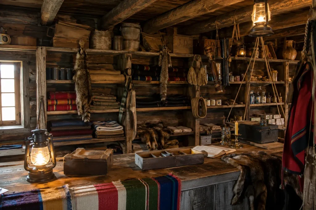 Reconstructed Old Fort Benton trading post interior with period furnishings in Chouteau County Montana