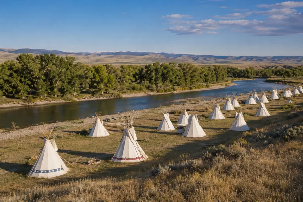 White teepees along the Little Bighorn River during Crow Fair in Big Horn County Montana