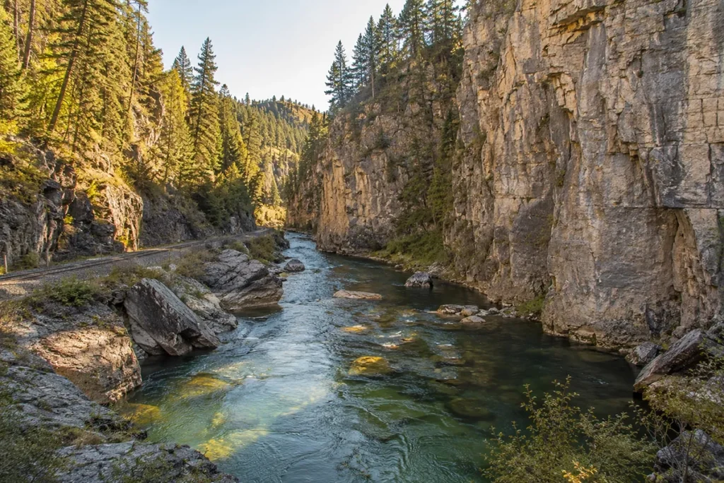 Belt Creek flowing through a deep limestone canyon at Sluice Boxes State Park, Montana, with sheer cliff walls and forested slopes