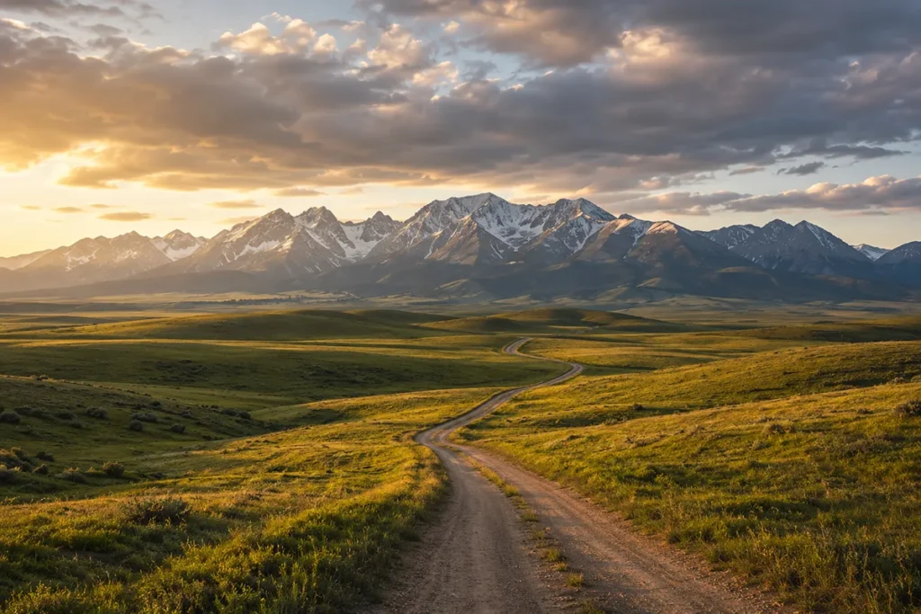 Wide-angle landscape photo of rolling Montana plains meeting distant mountains at sunset