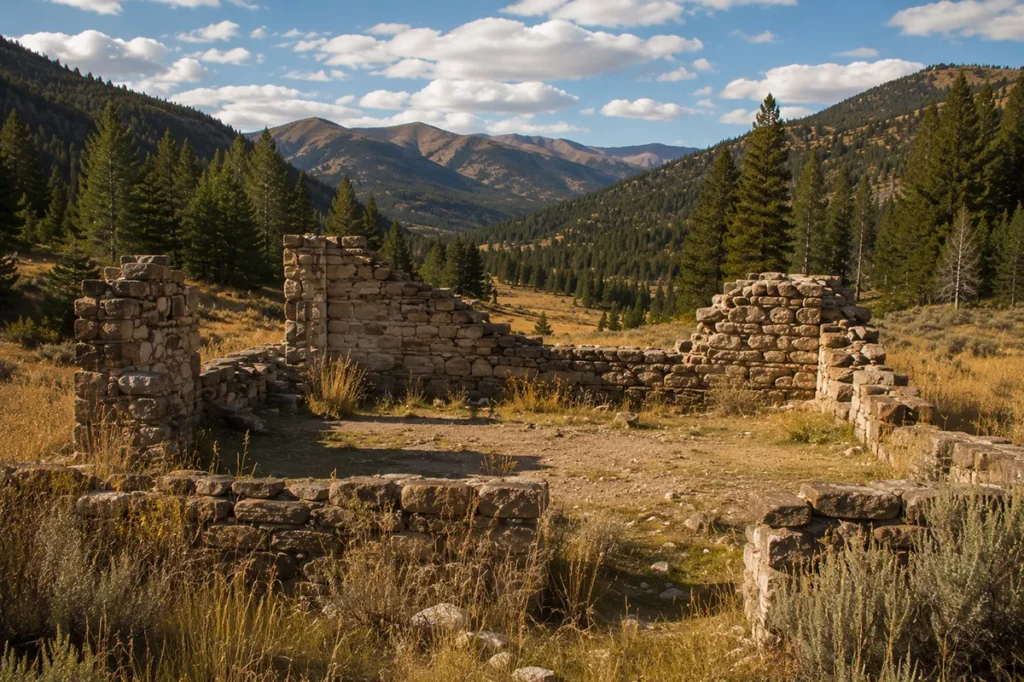 Stone foundation of the former Baker's general store at Castle Town Montana ghost town