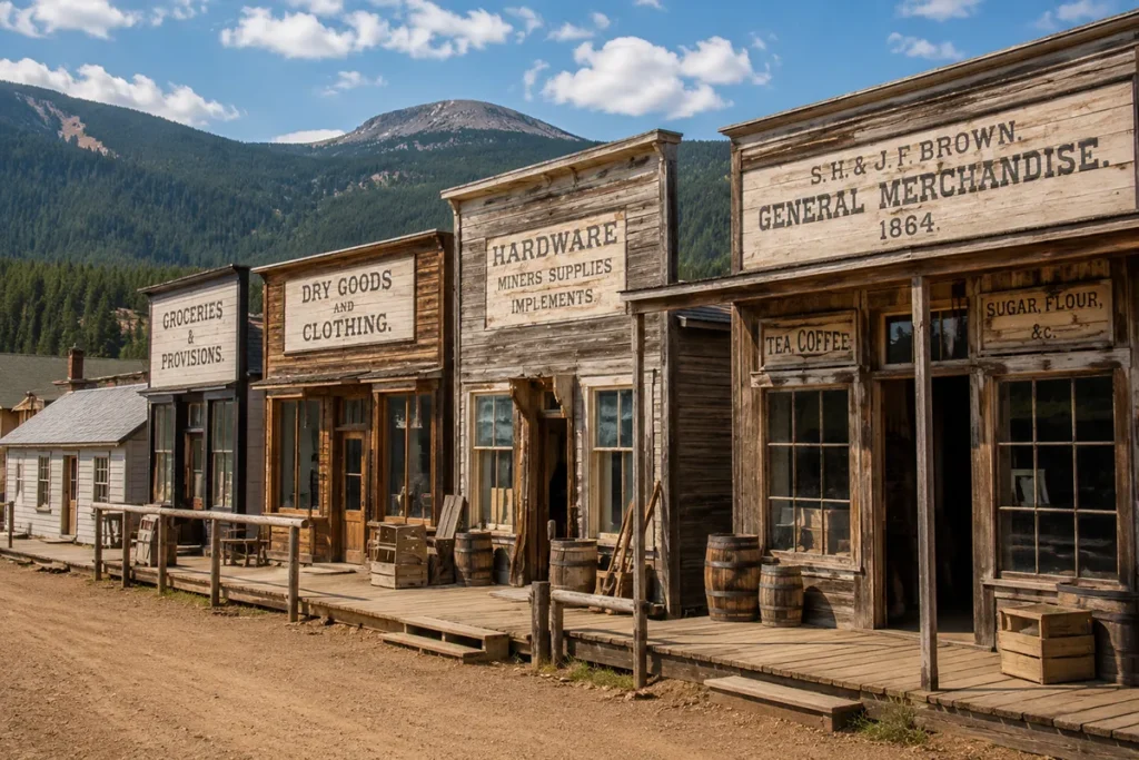 Historic main street of Virginia City Montana with restored 1860s gold rush buildings