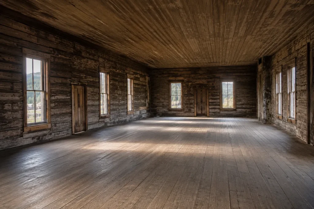 Interior view of the second-floor dance hall in Fraternity Hall at Elkhorn Ghost Town