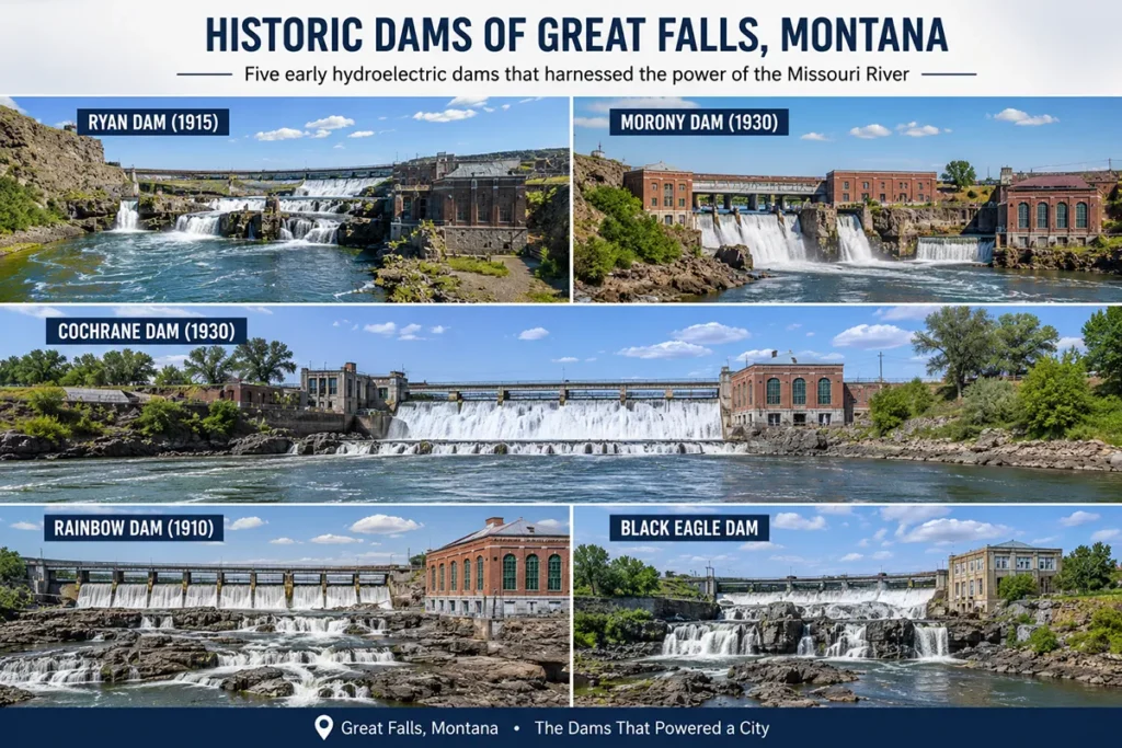 Ryan Dam (1915), Morony Dam (1930), Cochrane Dam (1930), Rainbow Dam (1910), and Black Eagle Dam