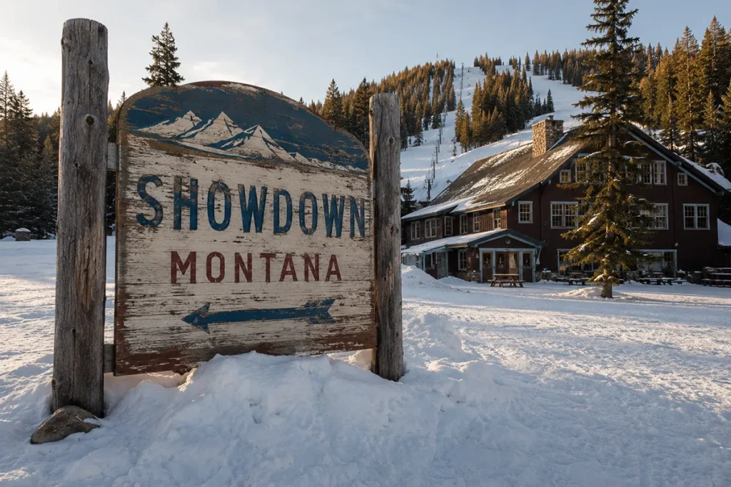 Vintage Showdown Montana sign at the base of the ski area with snow piling around it and the historic lodge visible in the background