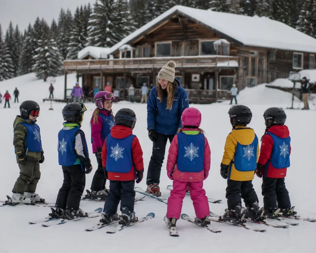 Children in colorful ski jackets gathered around a Lookout Pass instructor at the Free Ski School with the historic lodge visible in the background