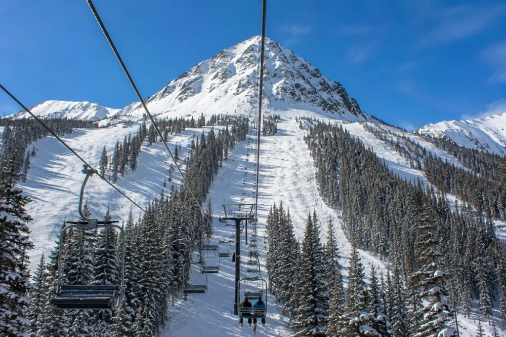 View from the Six Shooter chair at the Moonlight Basin side of Big Sky Resort with the north face of Lone Mountain rising dramatically and the chair line nearly empty