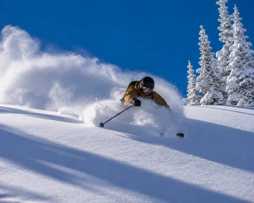 A skier carving down a wide-open powder bowl at Bridger Bowl with the famous cold smoke snow spraying from skis in the bright morning light