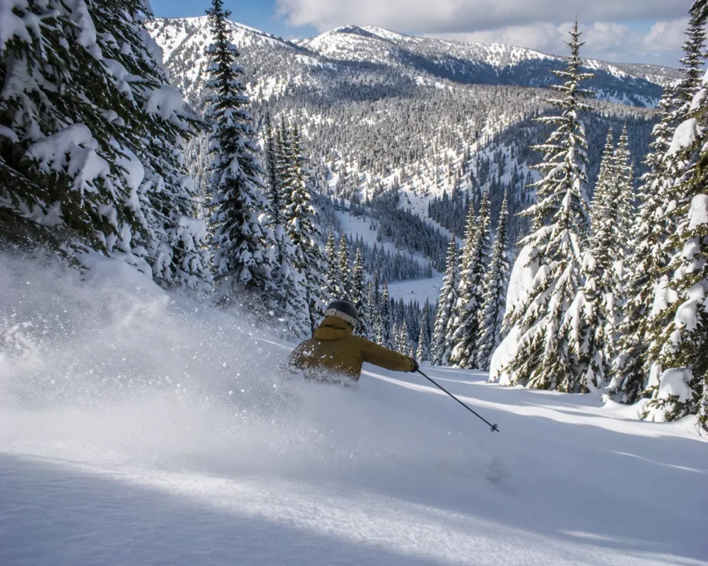 A skier dropping into one of the new Eagle Peak trails at Lookout Pass with fresh untracked powder visible and dense snow-laden evergreens framing the line