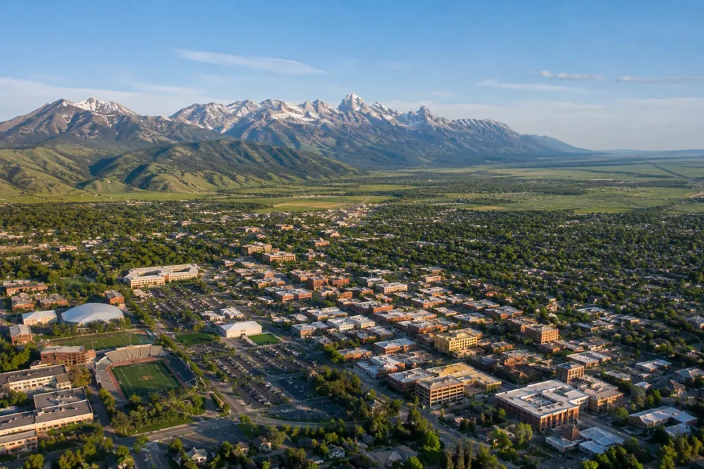 Aerial view of Bozeman Montana with the Bridger Mountains in the background and the Gallatin Valley spreading toward the horizon"