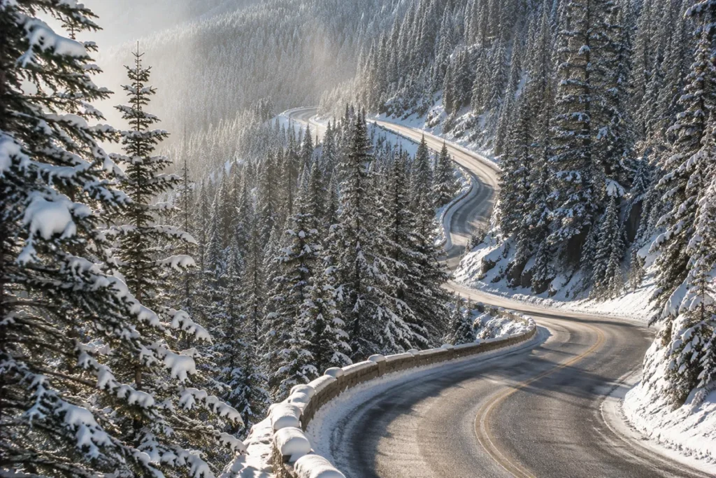 The winding gravel road up to Montana Snowbowl with switchbacks visible climbing through evergreen forest on a snowy winter morning