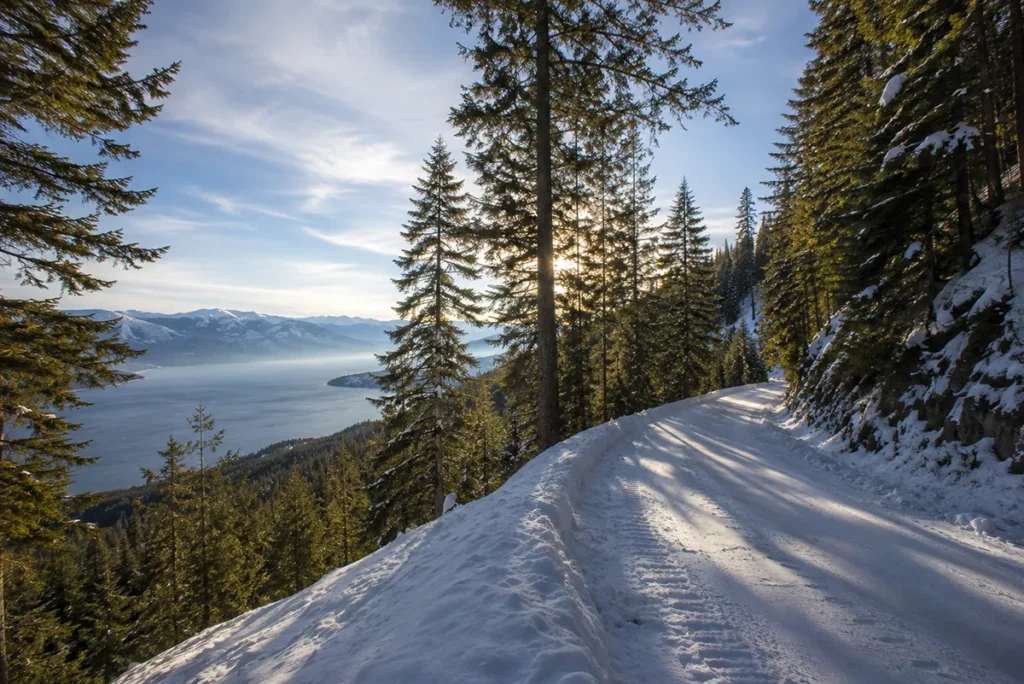 Snow-covered Blacktail Road climbing through evergreen forest with Flathead Lake visible far below through gaps in the trees