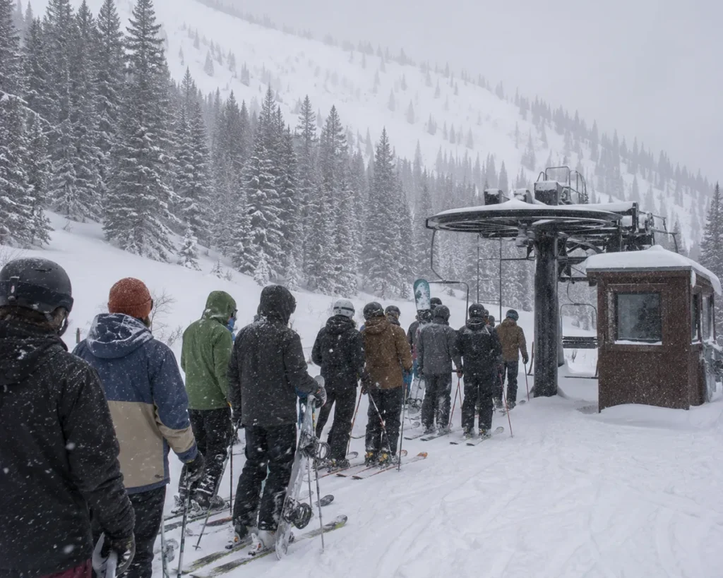 Skiers in a long line at the Schlasman's lift base on a powder day with snow falling and visible breath in the cold morning air