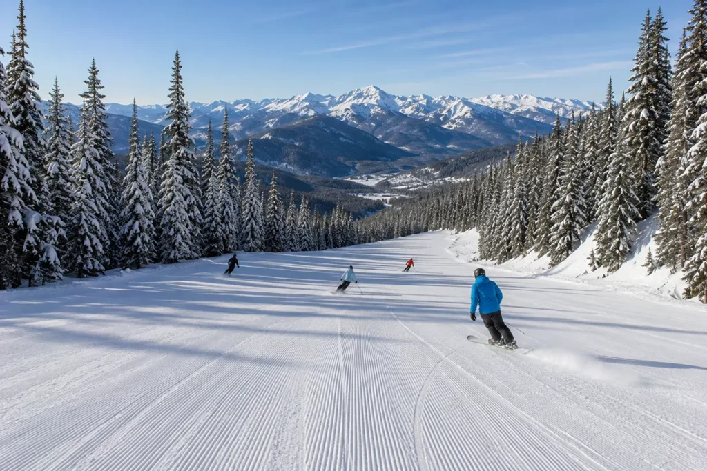 A wide groomed intermediate run at Lookout Pass with a few skiers carving down the slope and snow-covered Coeur d'Alene mountains visible in the distance