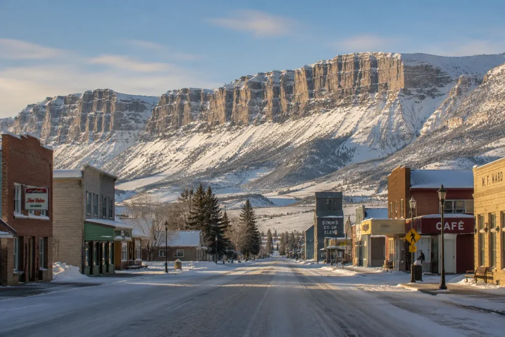 View of the historic small town of Choteau Montana with snow on the streets and the Rocky Mountain Front visible rising abruptly in the western distance