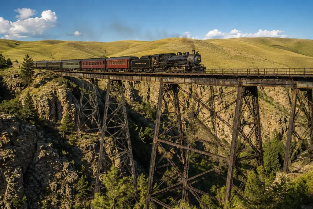 Charlie Russell Chew-Choo dinner train crossing a high trestle over a Montana canyon