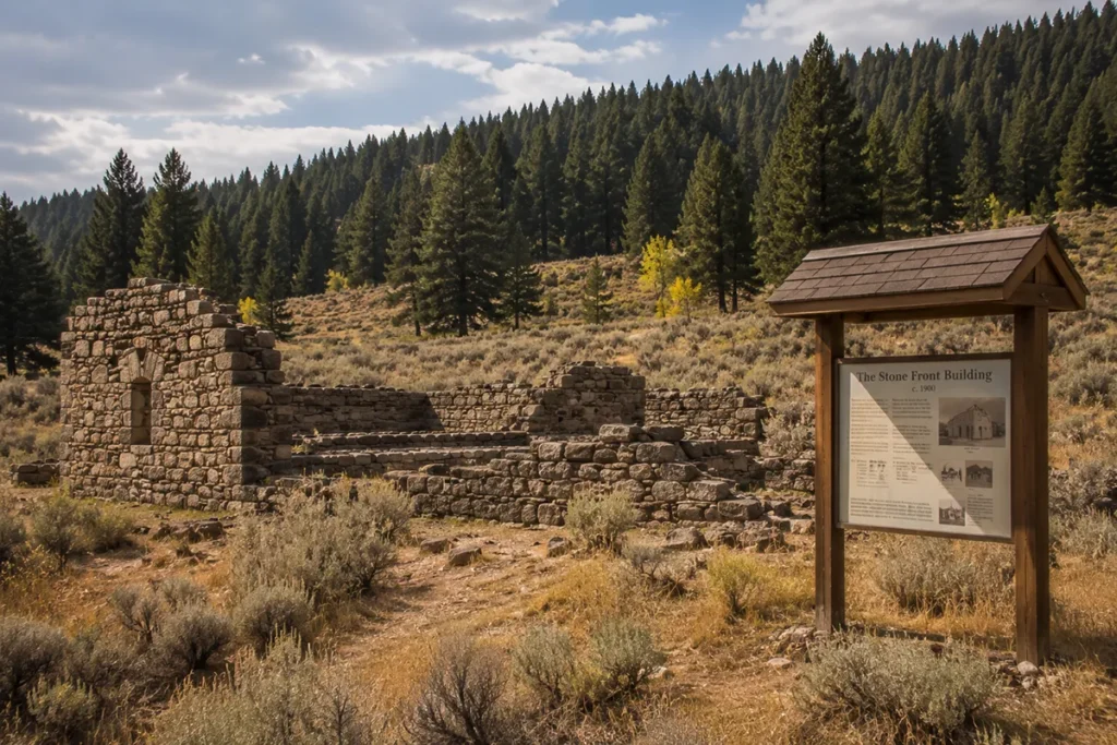Stone foundation ruins at Kendall ghost town with an interpretive kiosk explaining the building's history