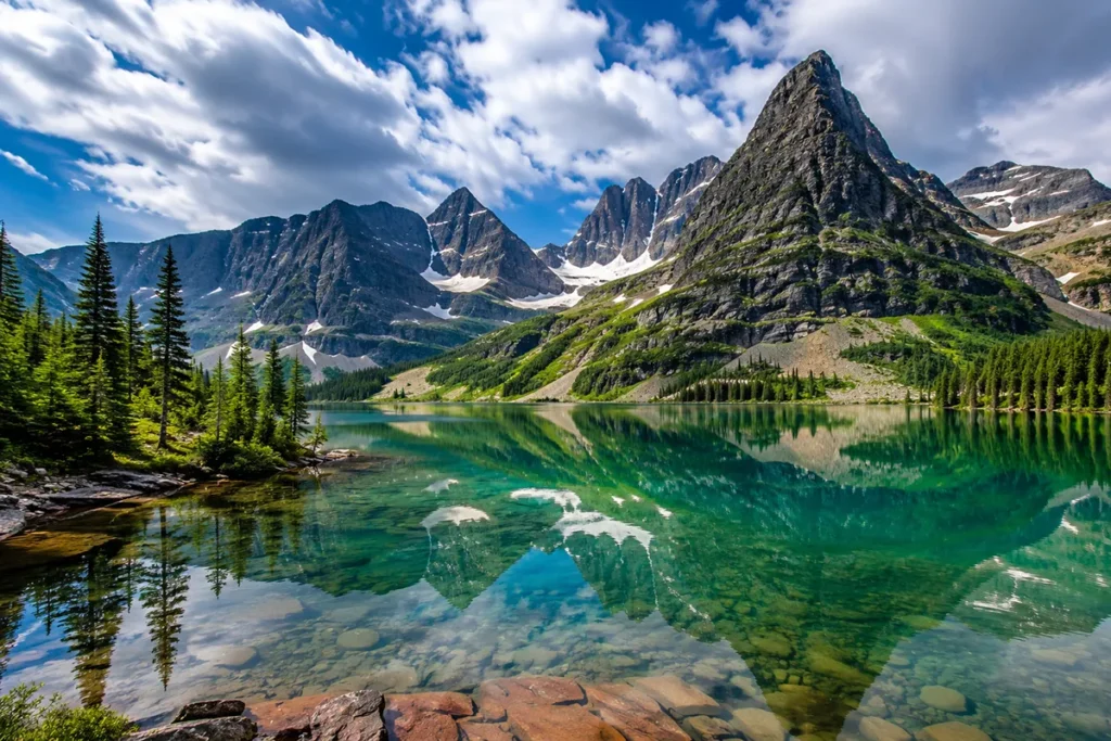 View of jagged peaks reflected in a turquoise alpine lake in Glacier National Park, Montana