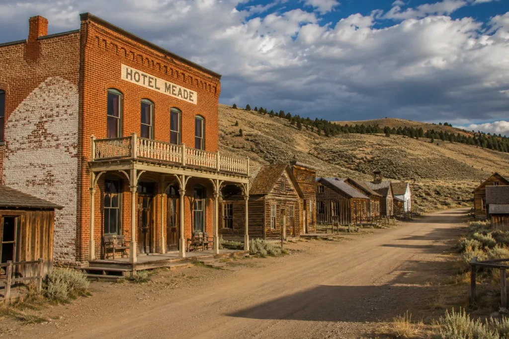 Hotel Meade and Main Street at Bannack State Park ghost town in Montana, with preserved 1860s wooden and brick buildings under a wide western sky