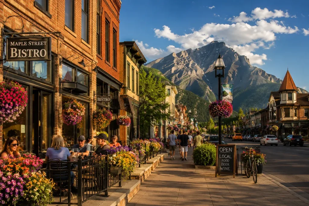 Quaint downtown street in Whitefish Montana with mountain views and hanging flower baskets in summer