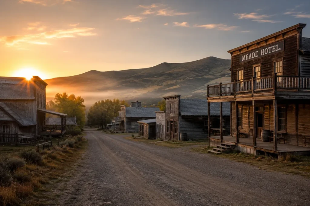 Sunlight streaming through the abandoned Meade Hotel at Bannack ghost town in Montana