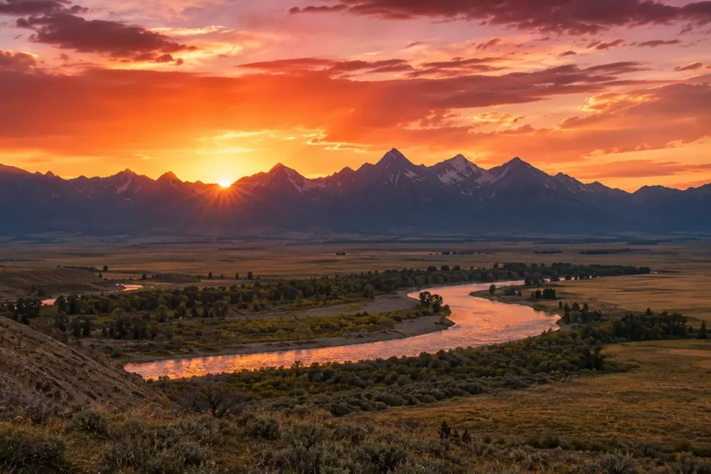 Sunrise over the Absaroka Range from Paradise Valley along the Yellowstone River
