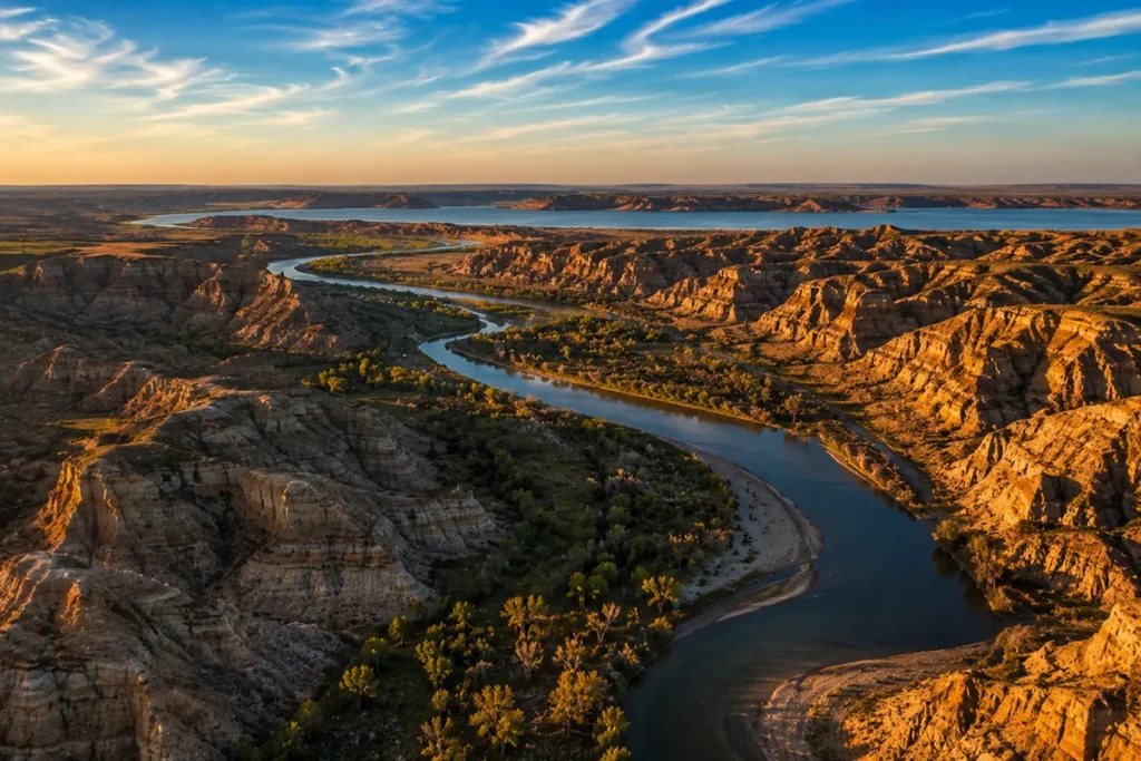 Sweeping aerial view of the Missouri River winding through remote badlands with Fort Peck Lake in the distance