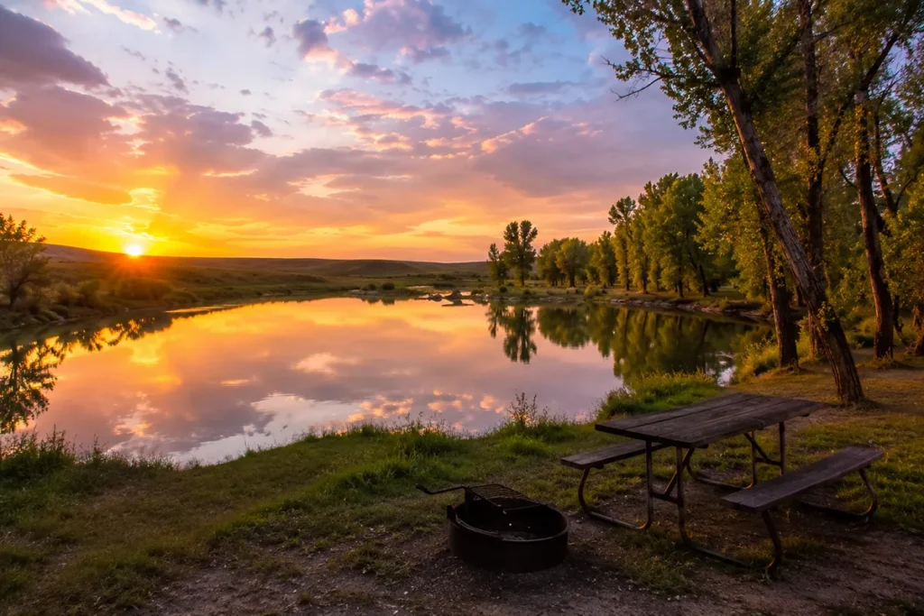 Hollecker Lake near Glendive Montana with calm water and sunset reflection
