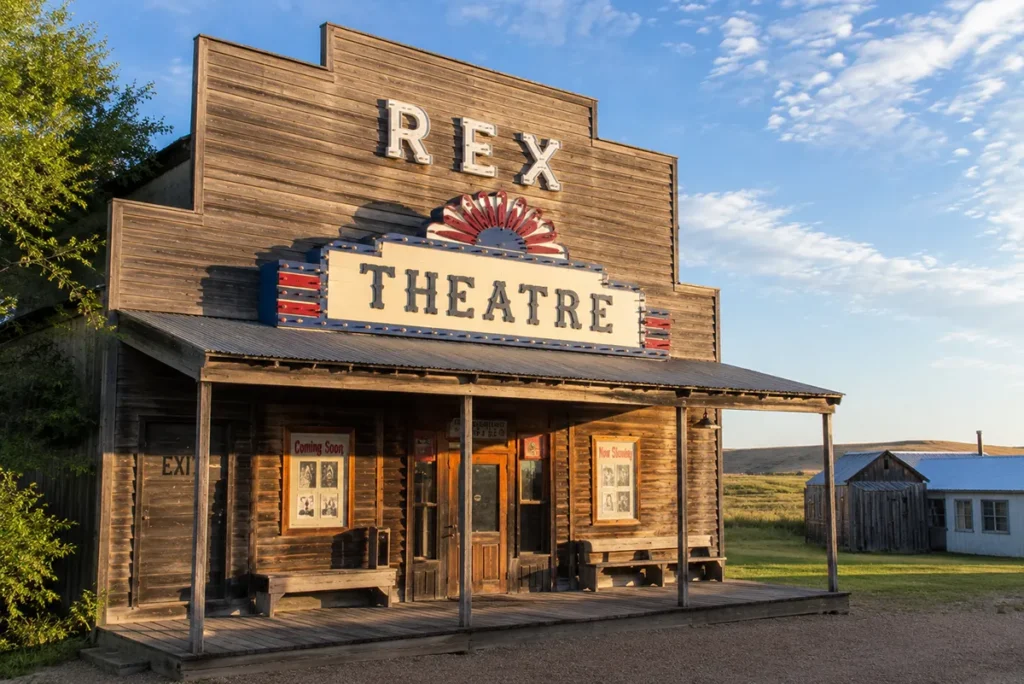 Rex Theatre at Pioneer Town in Scobey Montana with original wooden facade