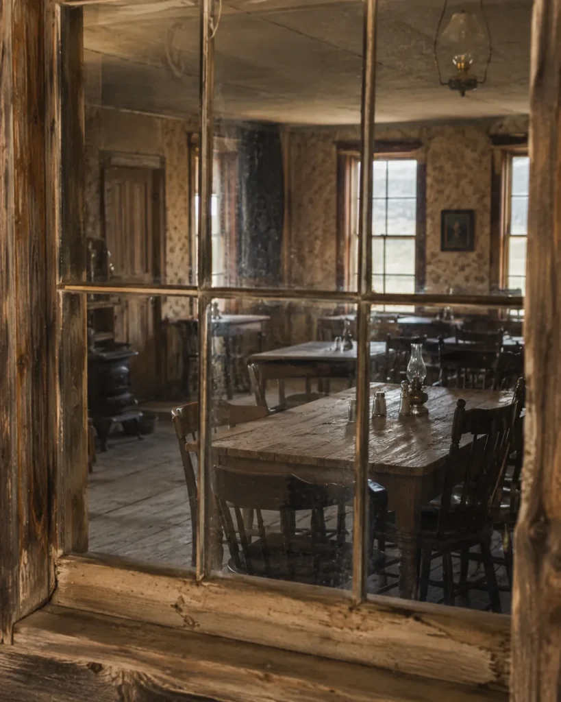 Interior view through the dusty window of J.K. Wells Hotel showing original dining room tables and chairs at Garnet Ghost Town