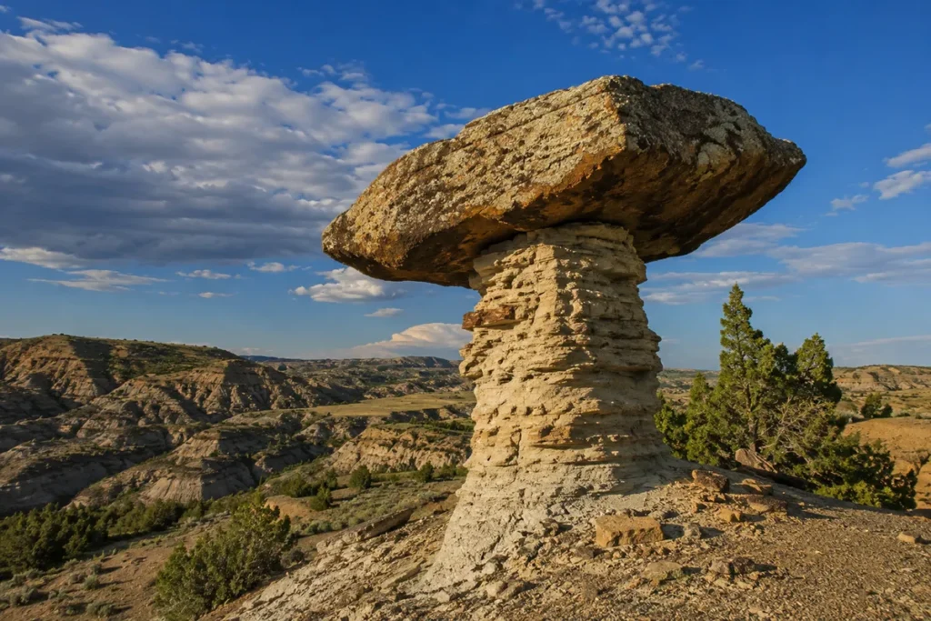 Cap rock formation at Makoshika State Park in Montana, showing a large boulder balanced on top of an eroded sandstone pillar