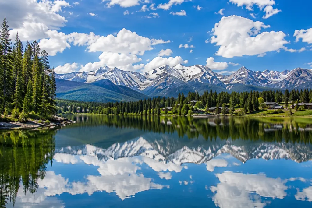 Georgetown Lake in southwest Montana with snow-capped Pintler Range reflected in the water