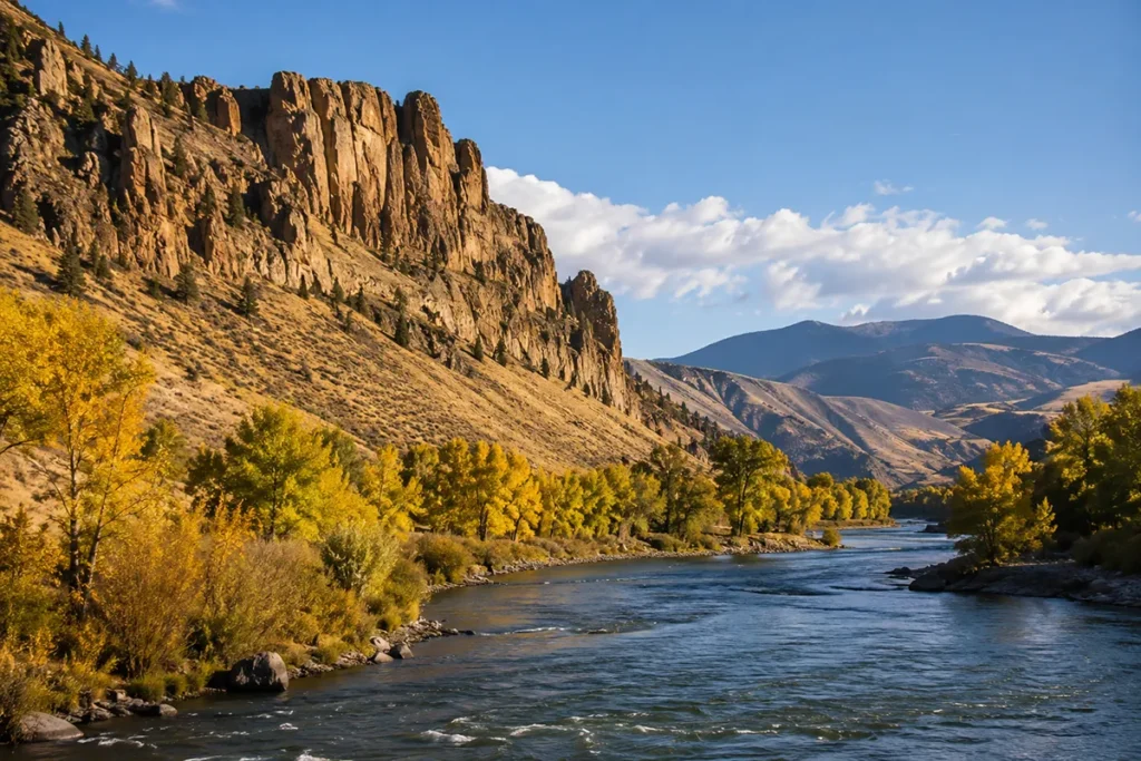 View of the Yellowstone River running alongside the Yellowstone Hot Springs Resort property with the river canyon walls rising in the background
