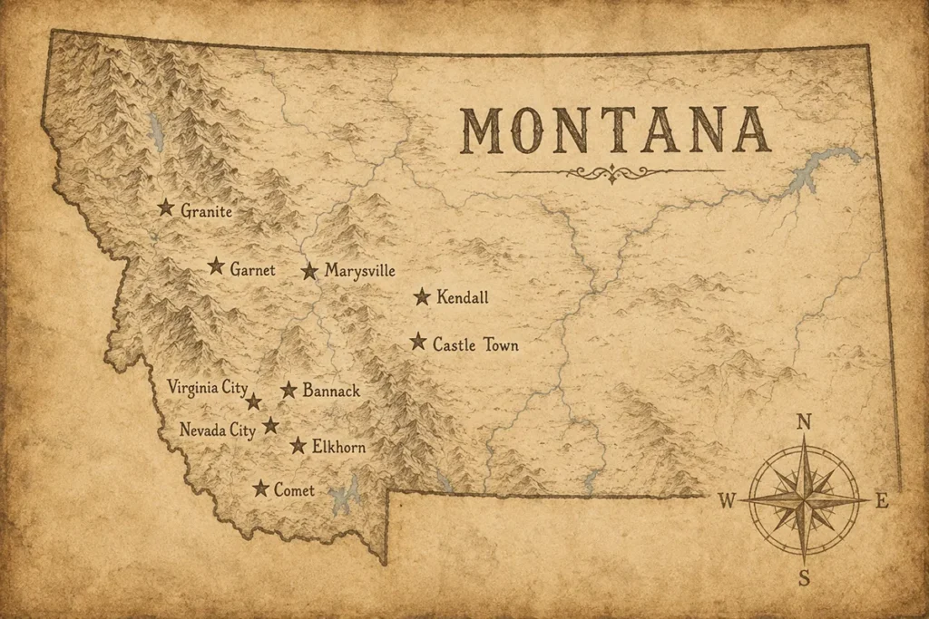Map of Montana showing the location of 10 ghost towns including Bannack, Garnet, Virginia City, and Elkhorn