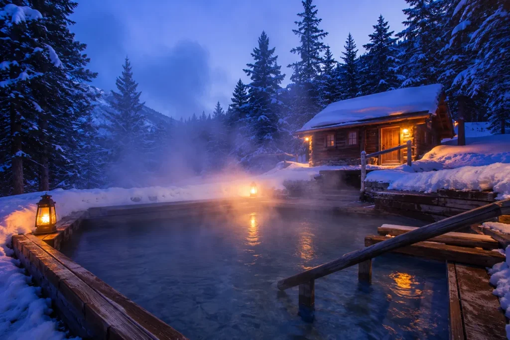 Steam rising from a wooden outdoor hot springs pool surrounded by snow and pine trees at twilight