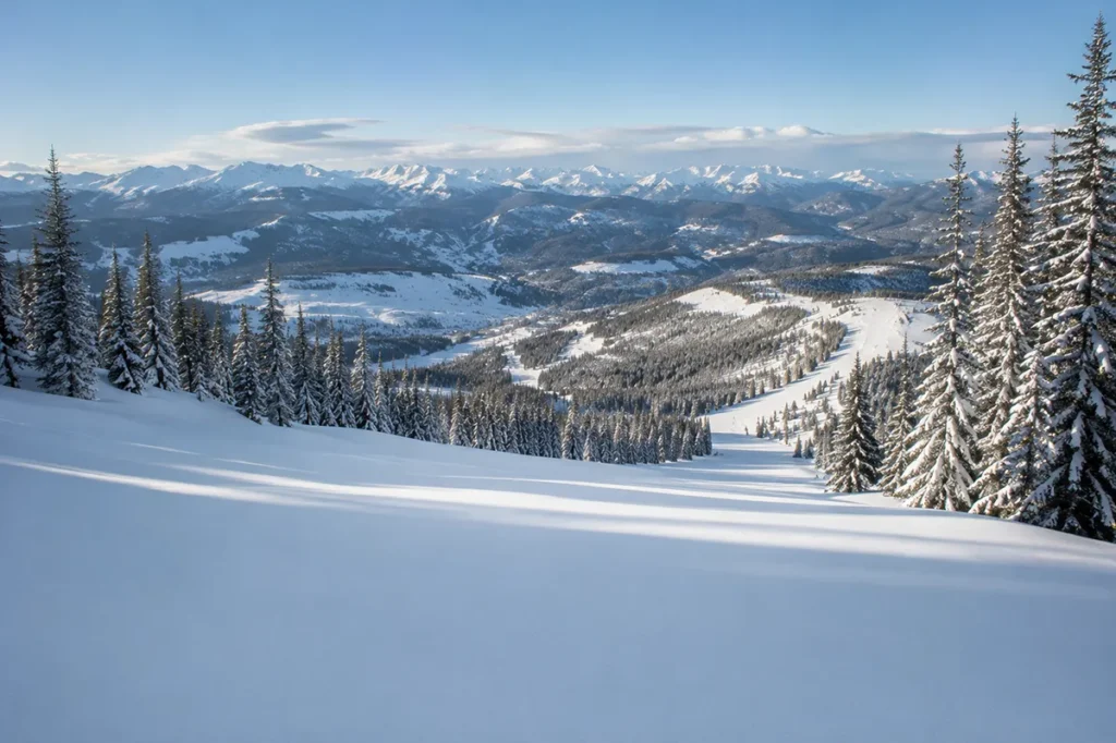 Pristine untracked snow on a Yellowstone Club ski slope late in the day with no ski tracks visible and the surrounding wilderness terrain stretching to the horizon